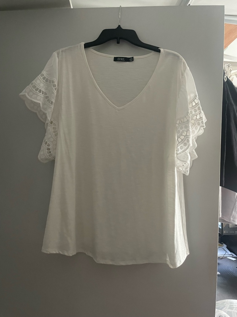 CUE White V-Neck Top with Eyelet Flutter Sleeves